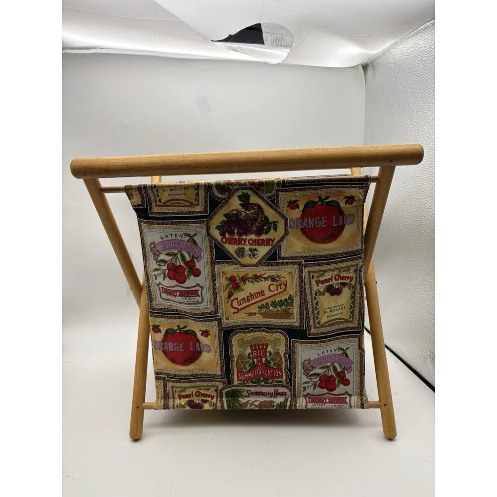 Vintage Wooden Folding Sewing Basket Yarn Holder Knitting Crochet Storage